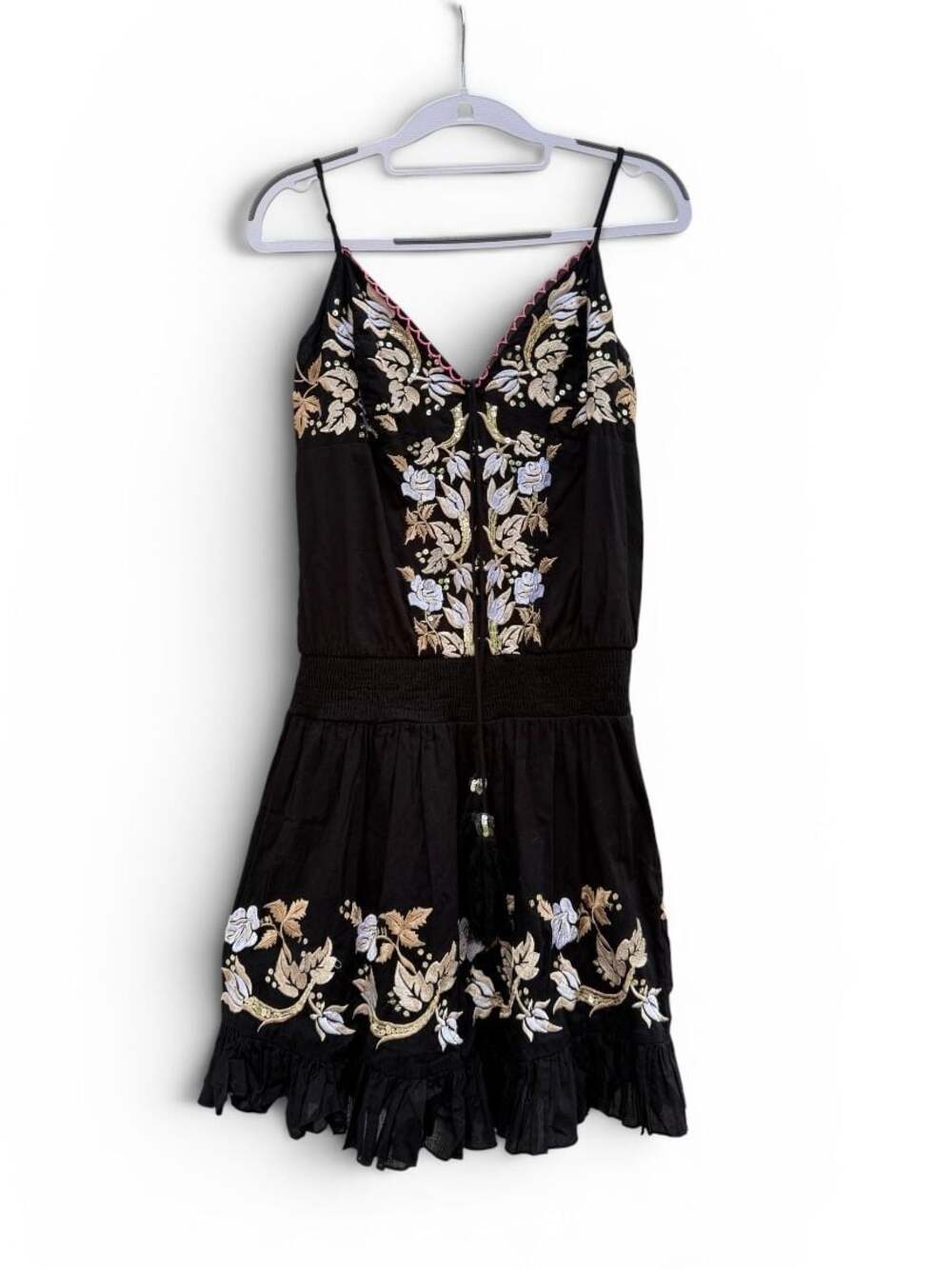 Venus Black Embroidered Floral Ruffle Hem Romper